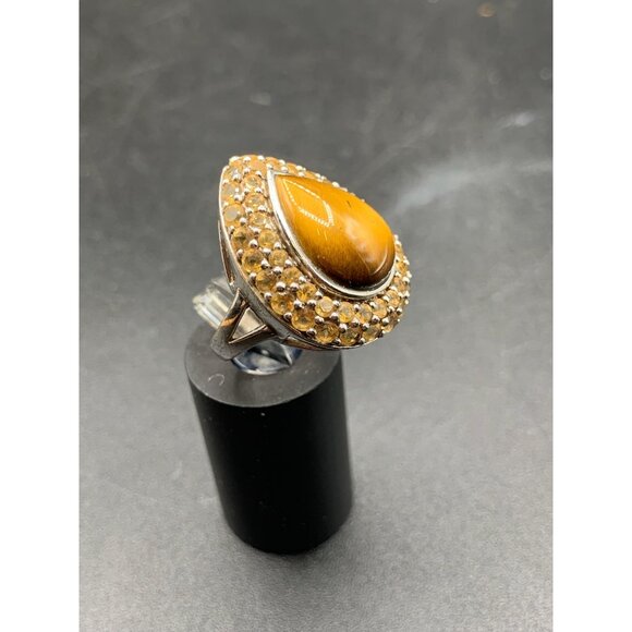 Tiger Eye Ring Drop Shaped Citrine Pave Sterling Silver Elegant Cocktail Ring - Picture 3 of 5
